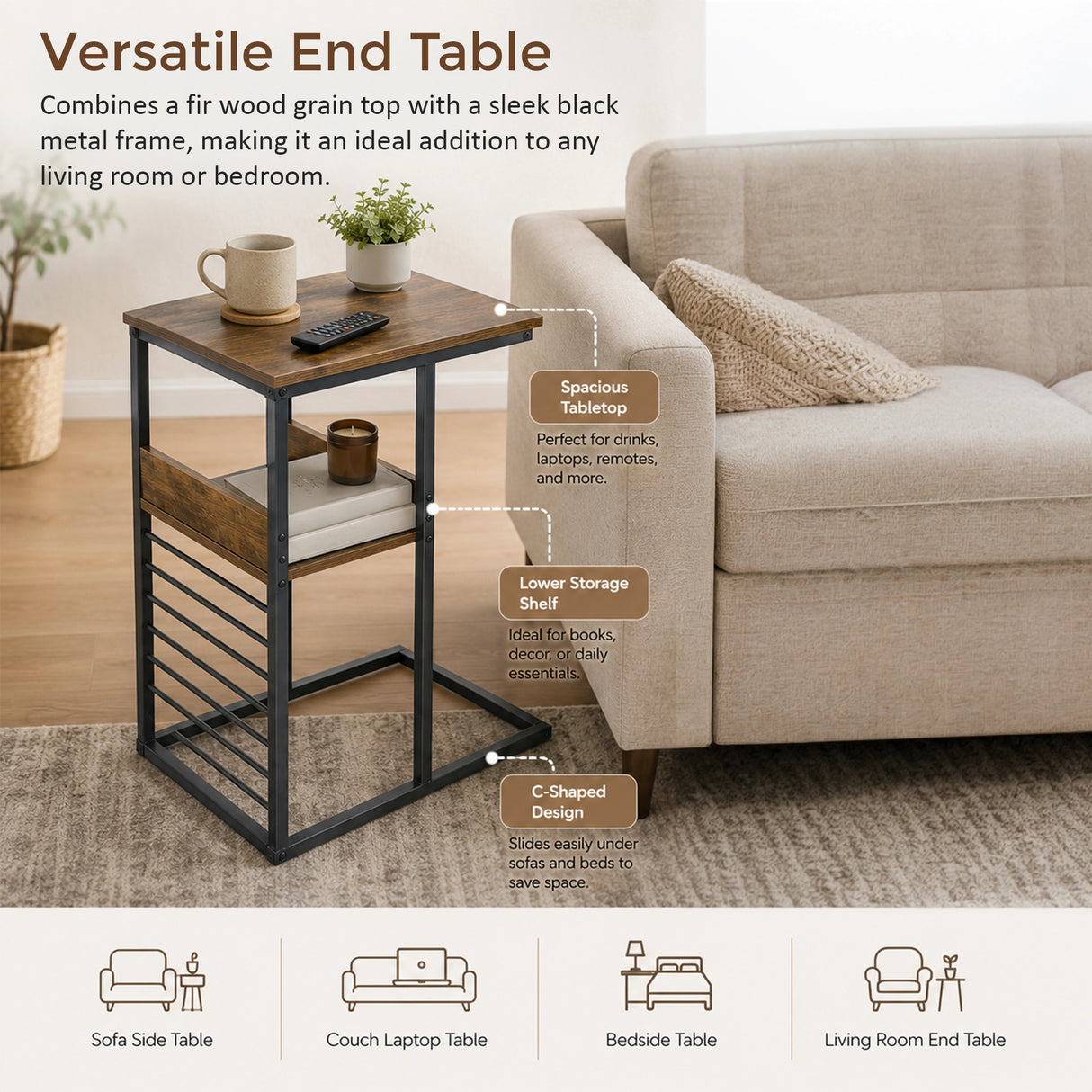 Sofa Side End Table Wooden Shelf Couch Living Nightstand