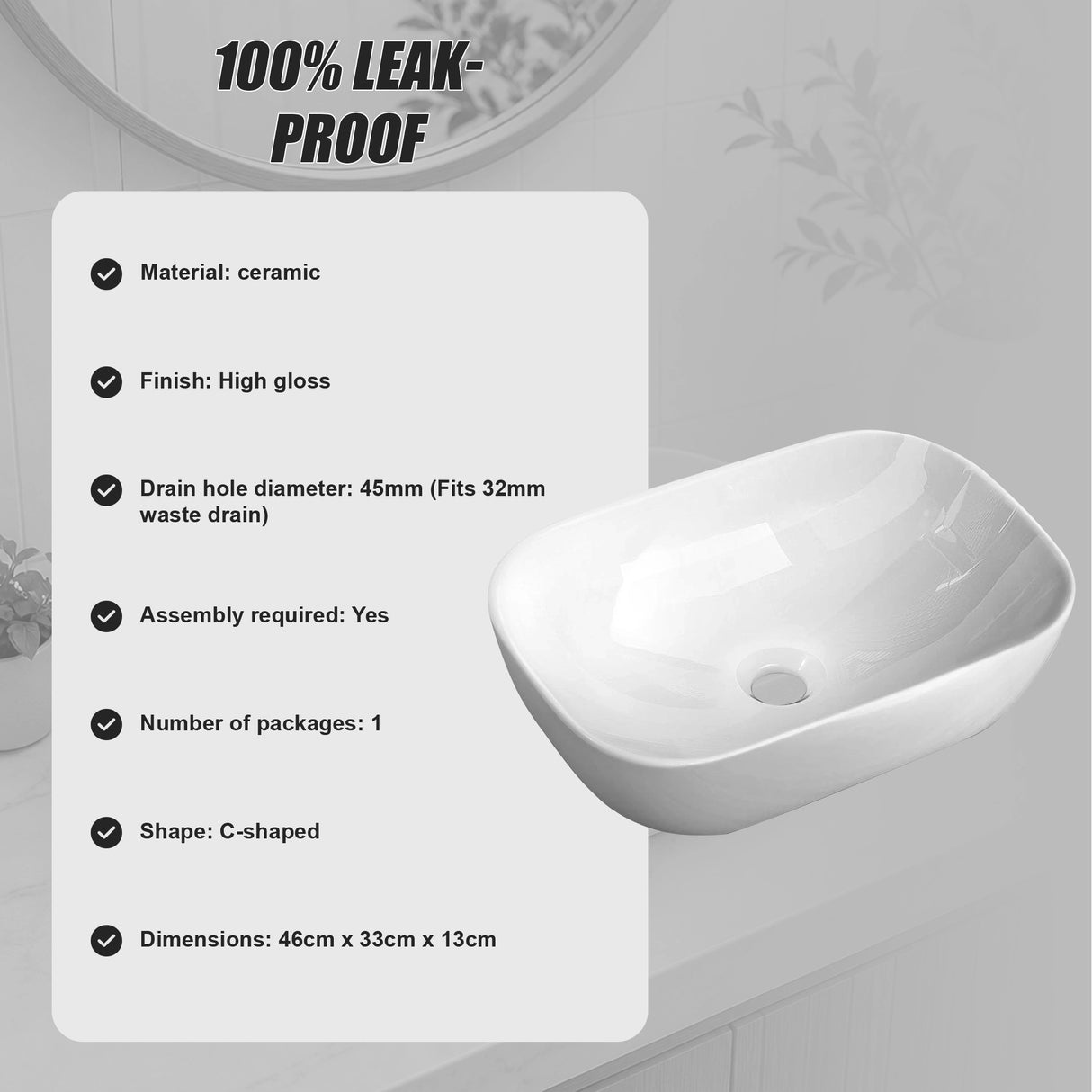 Ceramic Bathroom Basin Vanity Sink Oval Above Counter Top Mount Bowl