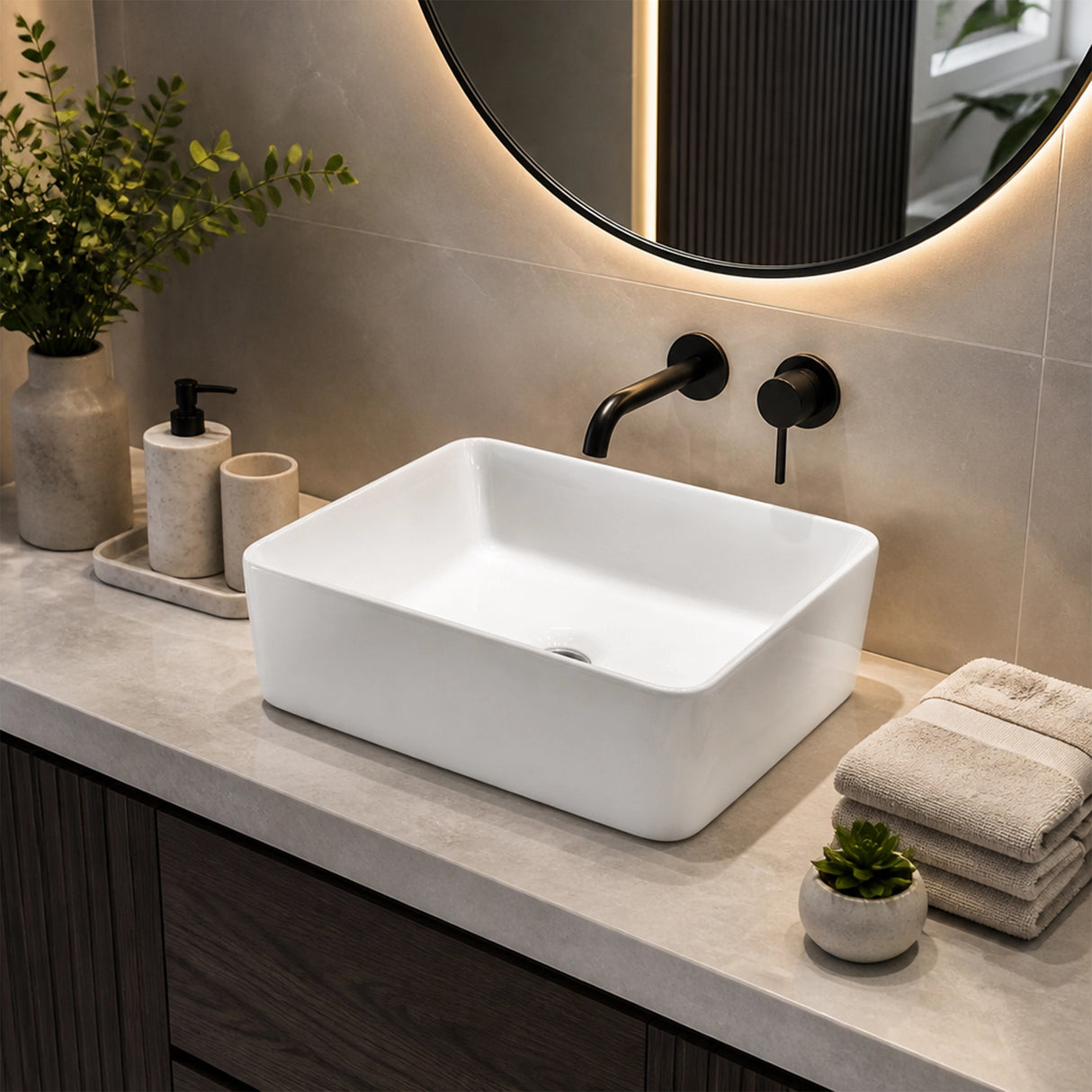 Ceramic Bathroom Basin Vanity Sink Square Above Counter Top Mount Bowl