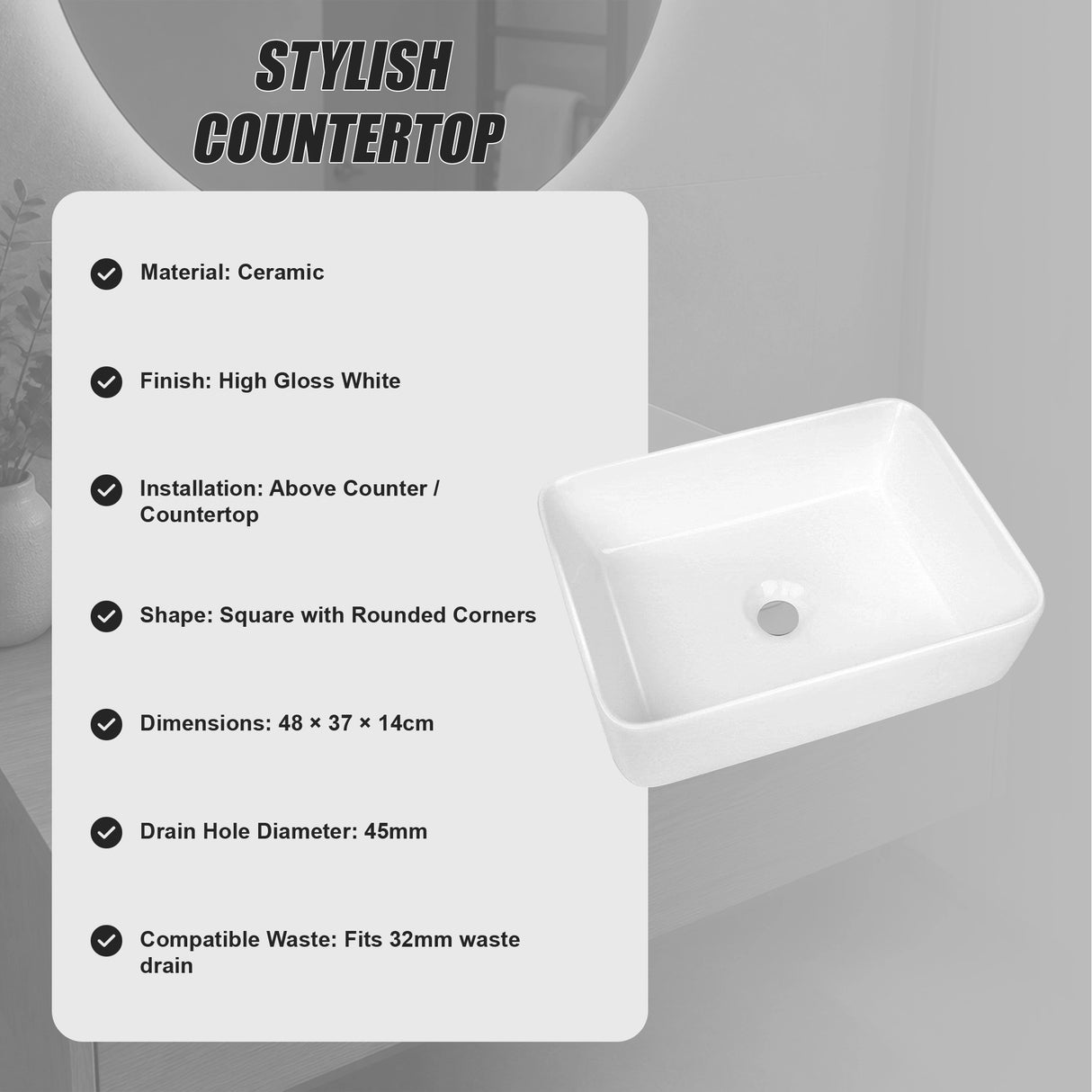 Ceramic Bathroom Basin Vanity Sink Square Above Counter Top Mount Bowl