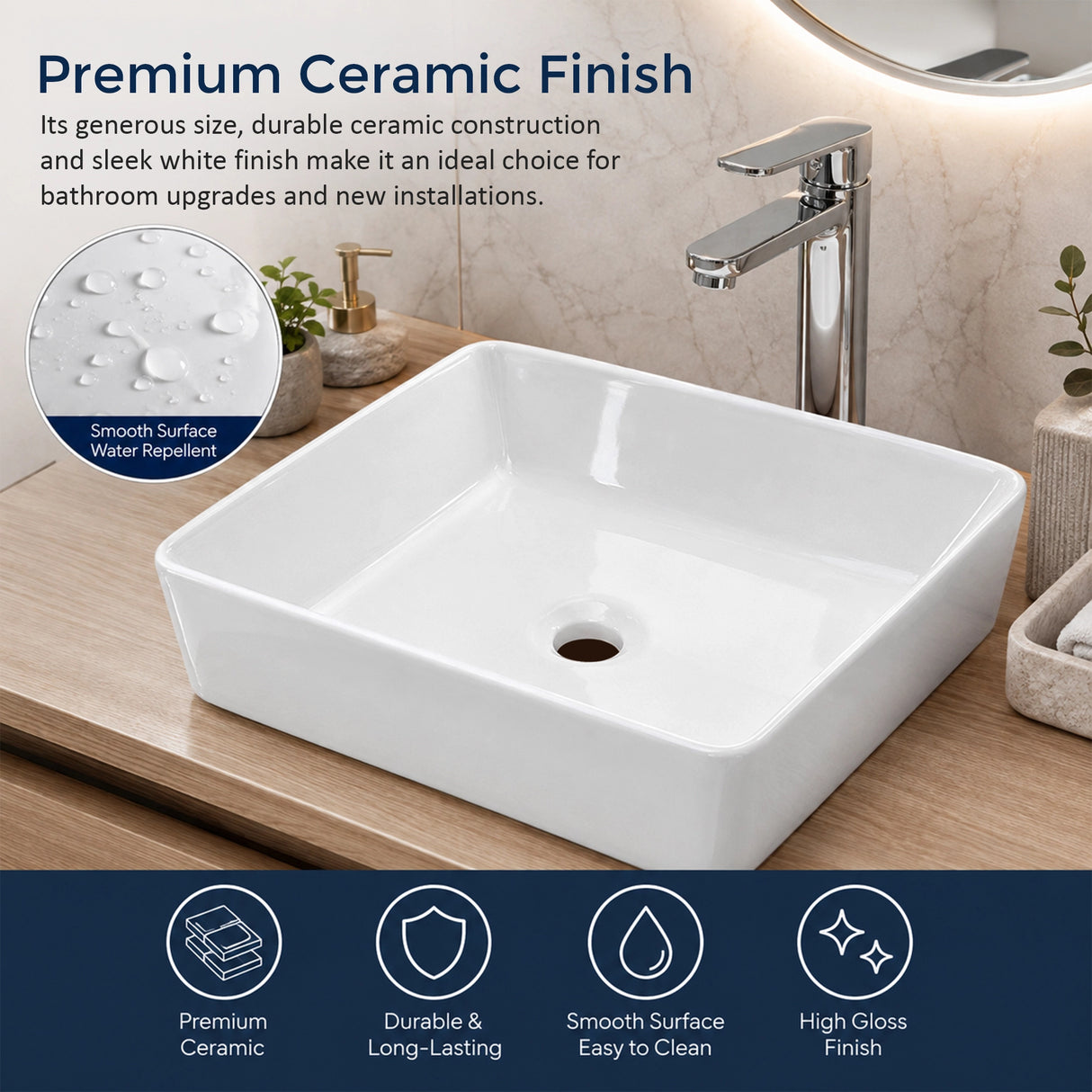 Ceramic Bathroom Basin Vanity Sink Square Above Counter Top Mount Bowl
