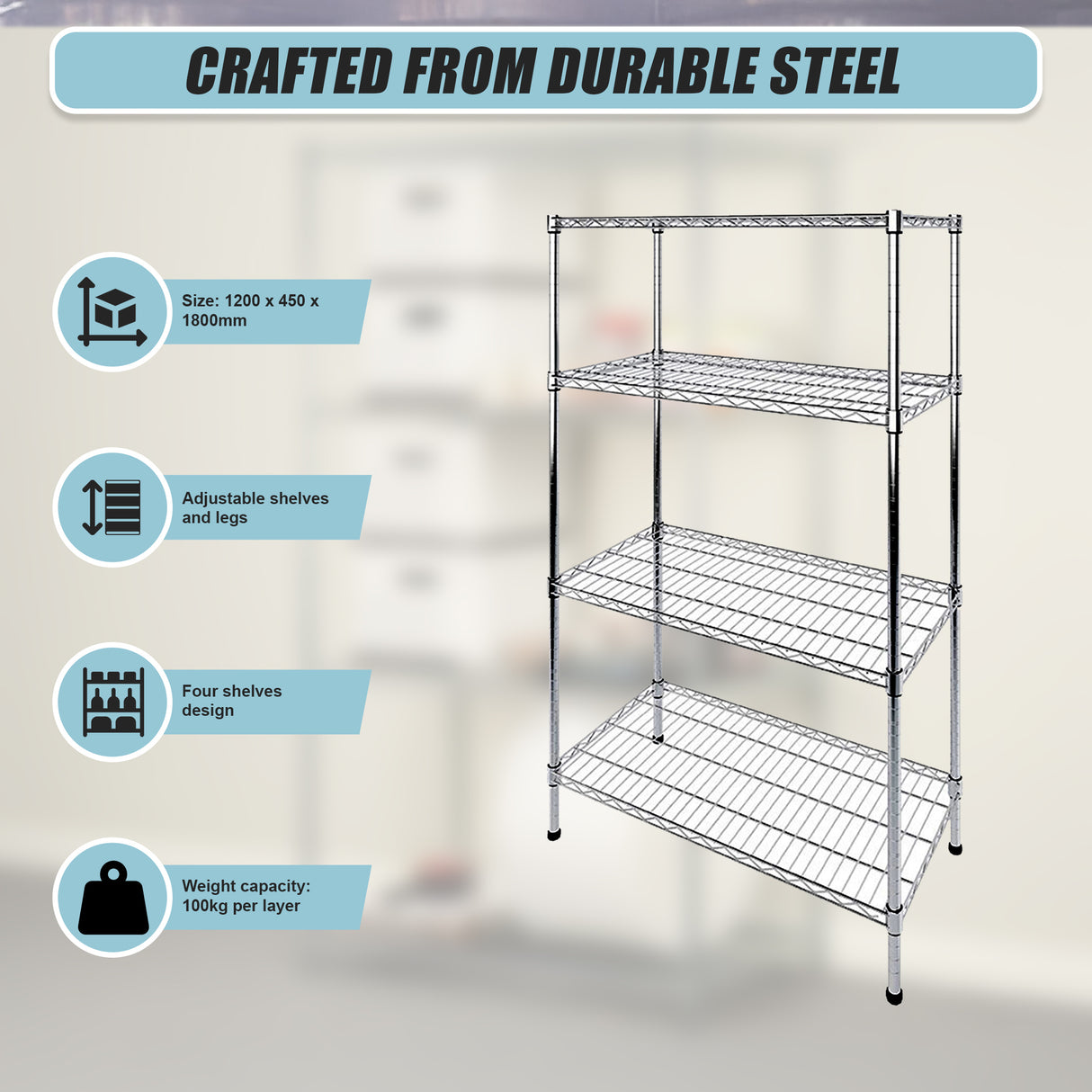 Modular Wire Storage Shelf 1200 x 450 x 1800mm Steel Shelving
