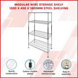 Modular Wire Storage Shelf 1200 x 450 x 1800mm Steel Shelving - Front View
