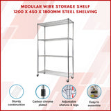 Modular Wire Storage Shelf 1200 x 450 x 1800mm Steel Shelving - Front View