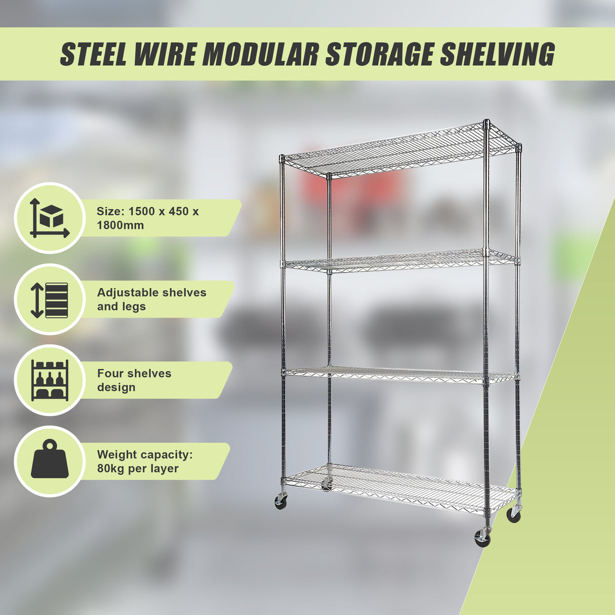 Modular Wire Storage Shelf 1500 x 450 x 1920mm Steel Shelving with Wheels