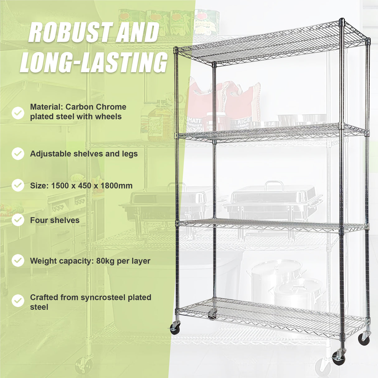 Modular Wire Storage Shelf 1500 x 450 x 1920mm Steel Shelving with Wheels
