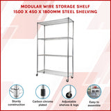 Modular Wire Storage Shelf 1500 x 450 x 1920mm Steel Shelving with Wheels - Front View