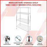 Modular Wire Storage Shelf 1200 x 600 x 1800mm Steel Shelving - Front View