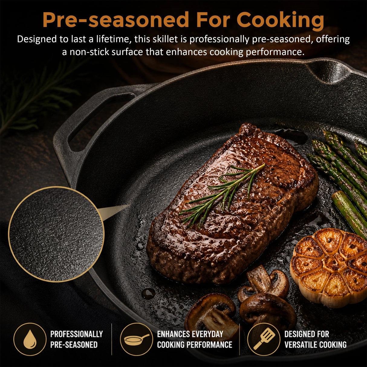 Non-stick Frying Pan Cast Iron Steak Skillet Round BBQ Grill Cookware 30cm