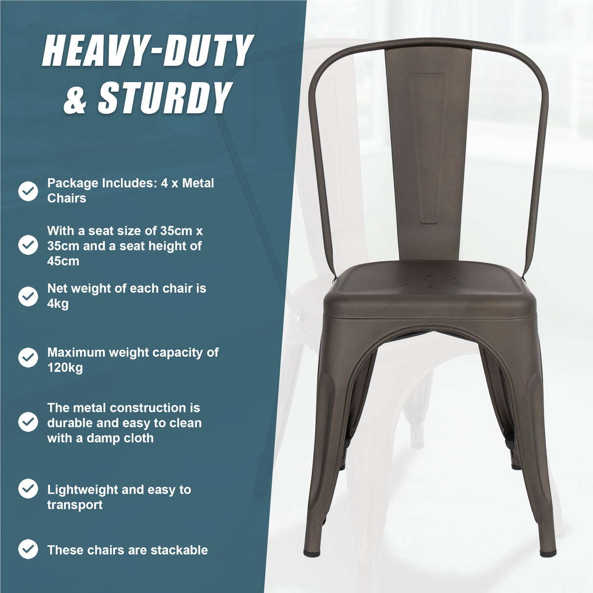 4x Kitchen Dining Chairs Stackable Vintage Metal Chair Backrest Side Chair