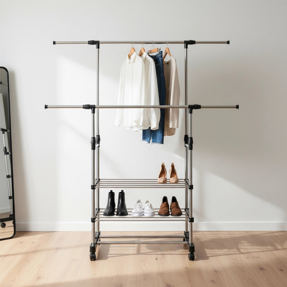 Heavy Duty Commercial Garment Rack Double Bar Rolling Collapsible Clothing Shelf