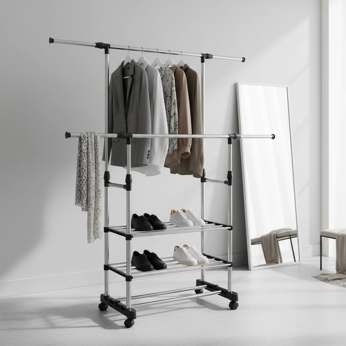 Heavy Duty Commercial Garment Rack Double Bar Rolling Collapsible Clothing Shelf