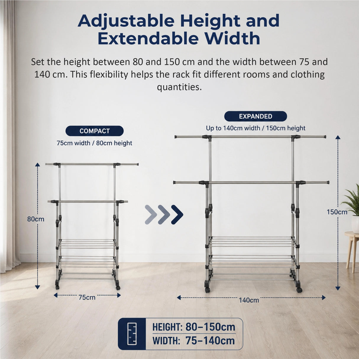 Heavy Duty Commercial Garment Rack Double Bar Rolling Collapsible Clothing Shelf