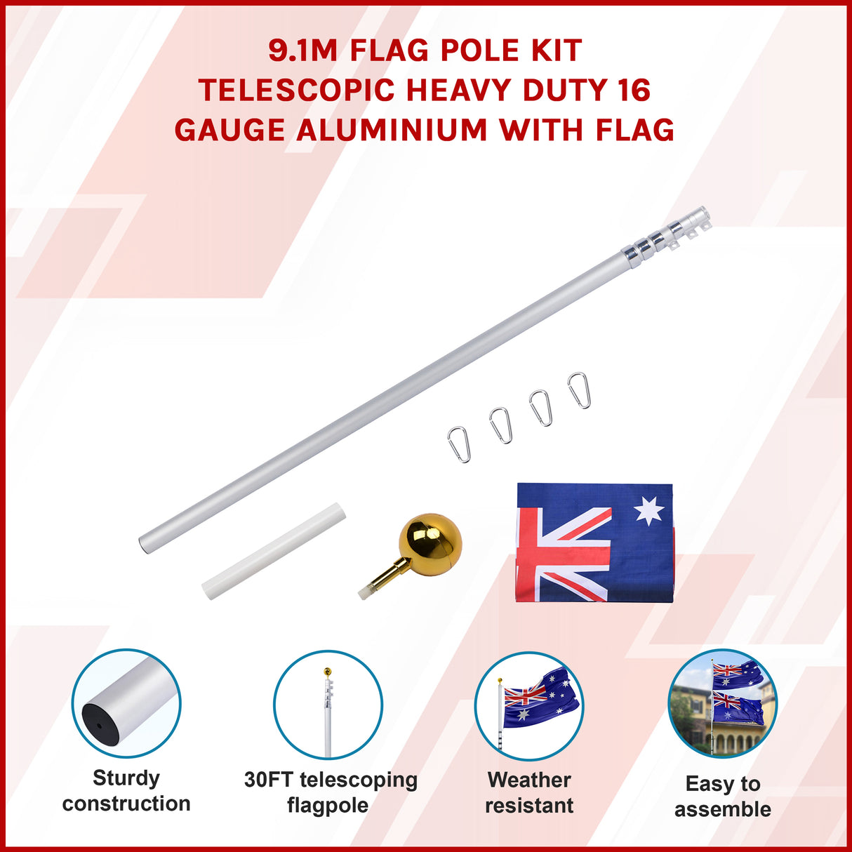 9.1m Flag Pole Kit Telescopic Heavy Duty 16 Gauge Aluminium with Flag