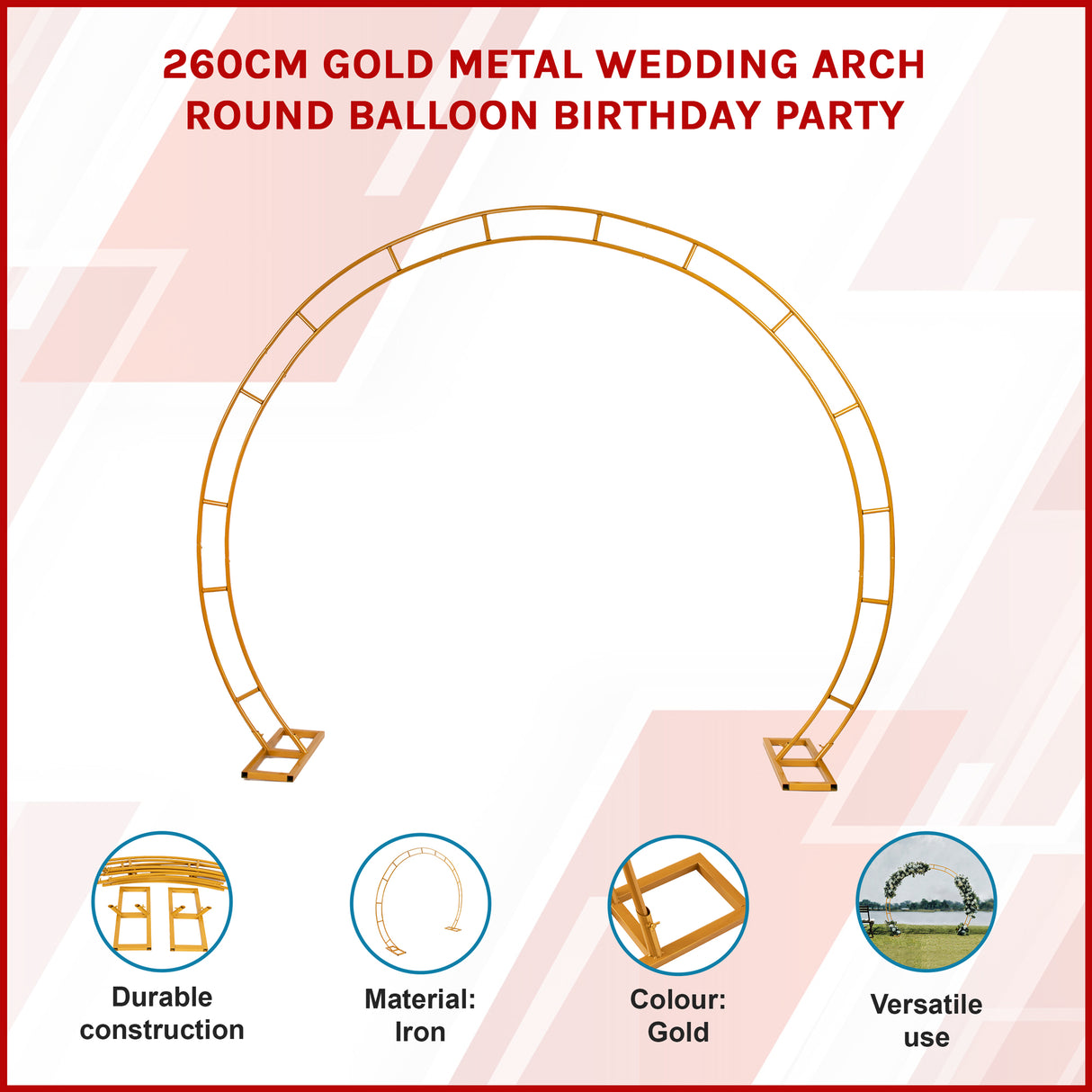 260cm Gold Metal Wedding Arch Round Balloon Birthday Party
