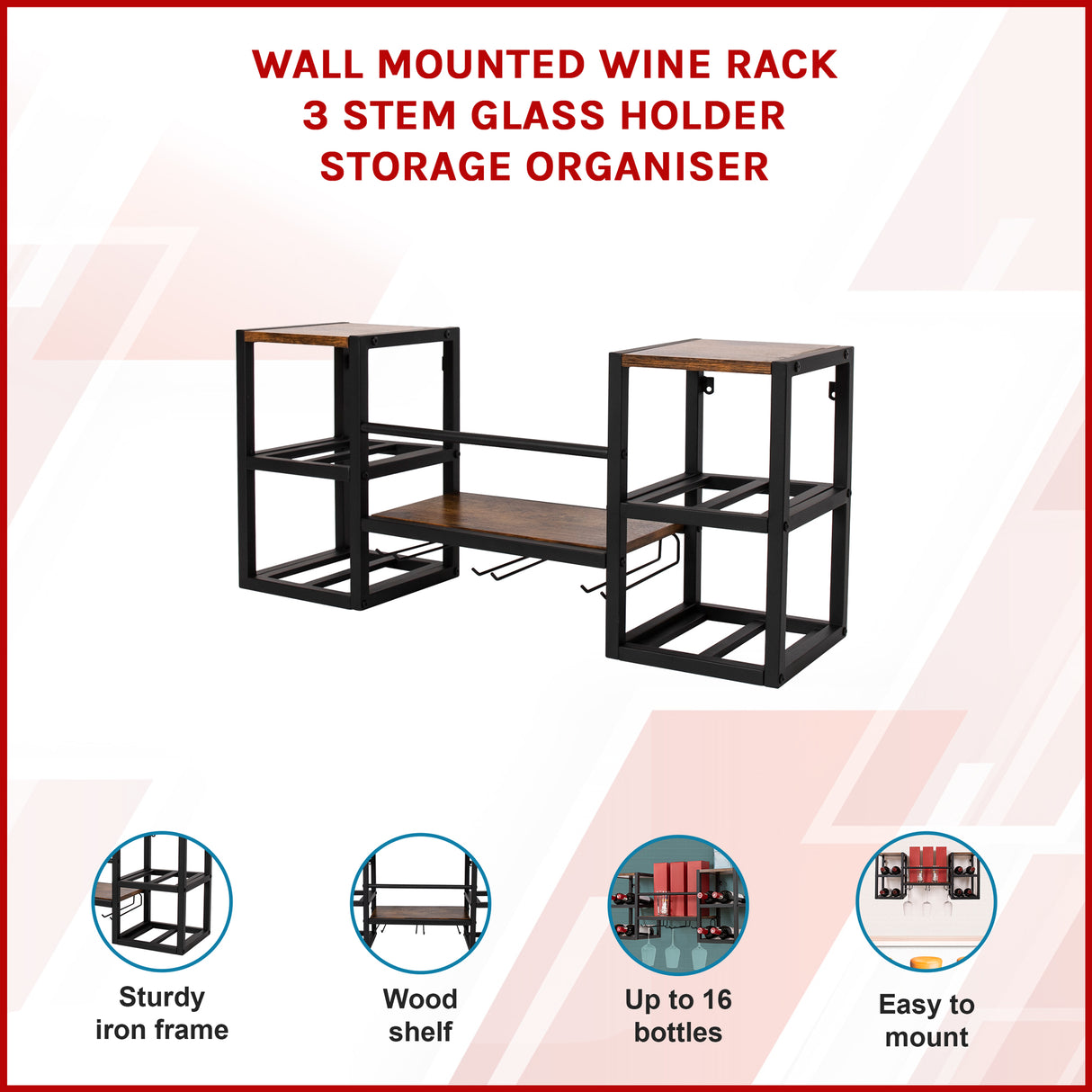Wall Mounted Wine Rack 3 Stem Glass Holder Storage Organiser