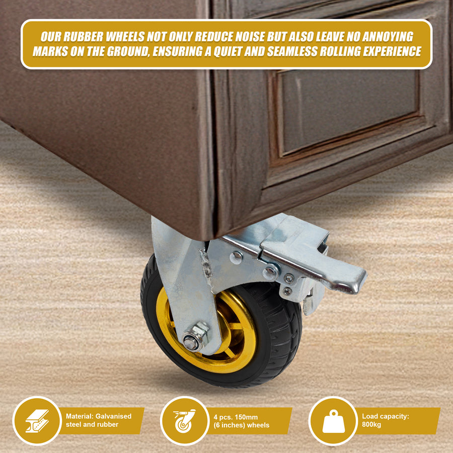 Castor Wheels 4 x 6" 150mm Swivel Silent Caster 2 Brakes 800KG