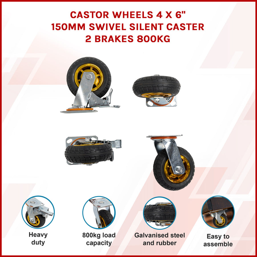 Castor Wheels 4 x 6" 150mm Swivel Silent Caster 2 Brakes 800KG