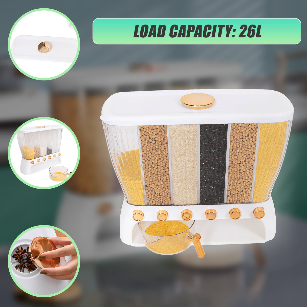 6 Grids Dispenser Storage Container Rice Cereal Beans Grain