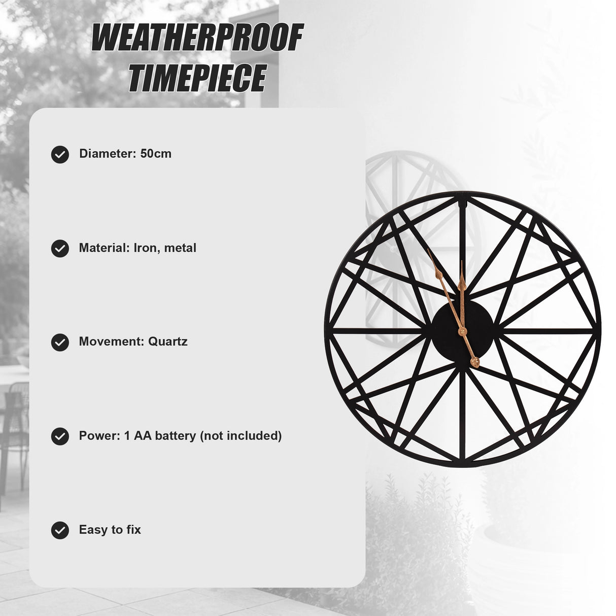 Large Metal Outdoor Wall Clock &ndash; Weather-Resistant for Garden and Home Decor