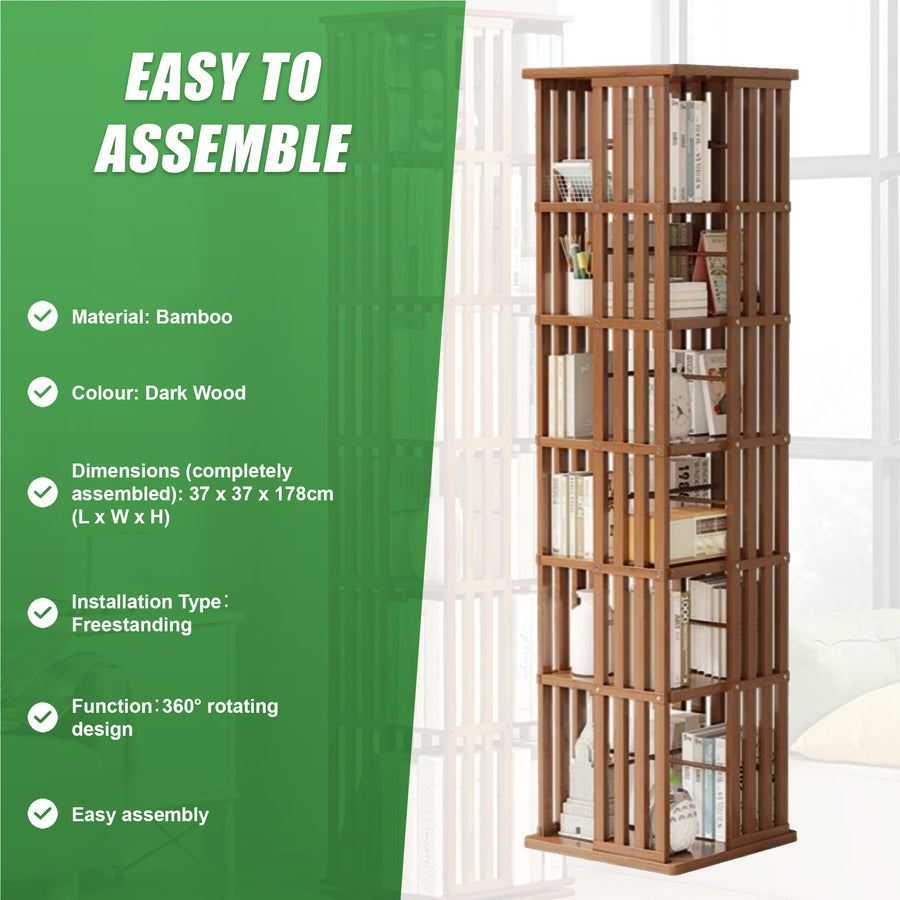 360 Rotating Bookshelf Bamboo Storage Display Rack Shelving in Dark Wood
