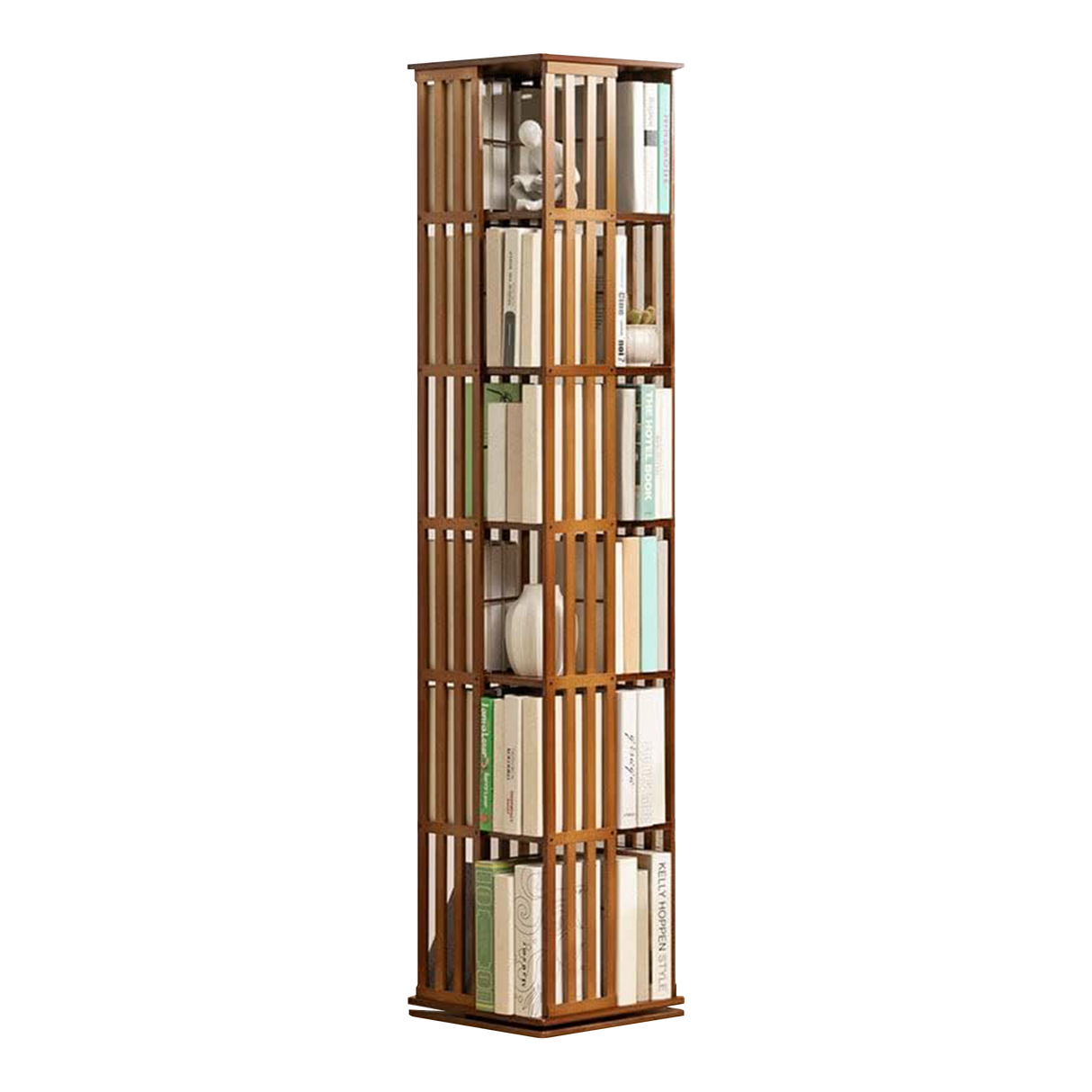 360 Rotating Bookshelf Bamboo Storage Display Rack Shelving in Dark Wood