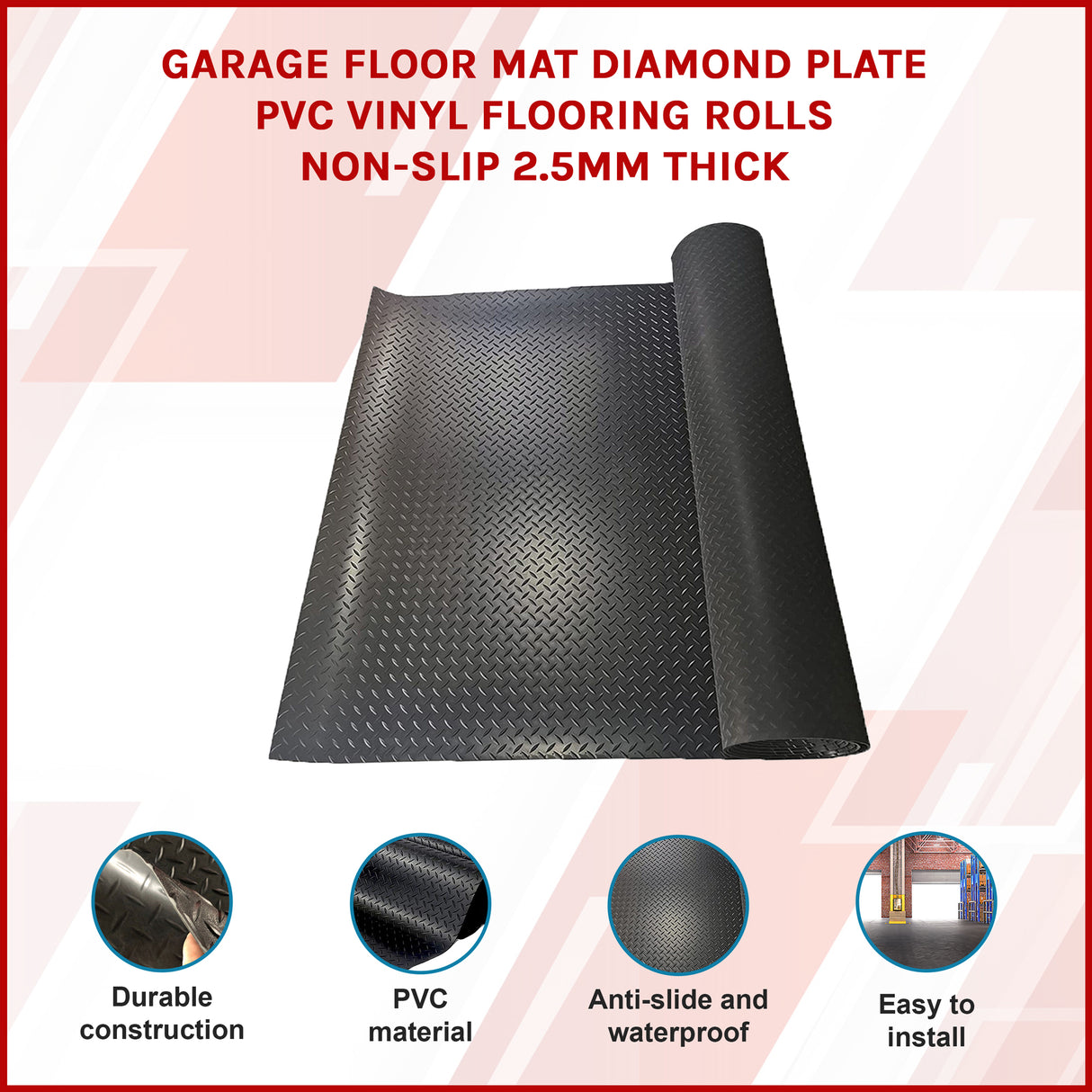Garage Floor Mat Diamond Plate PVC Vinyl Flooring Rolls Non-Slip 2.5mm Thick