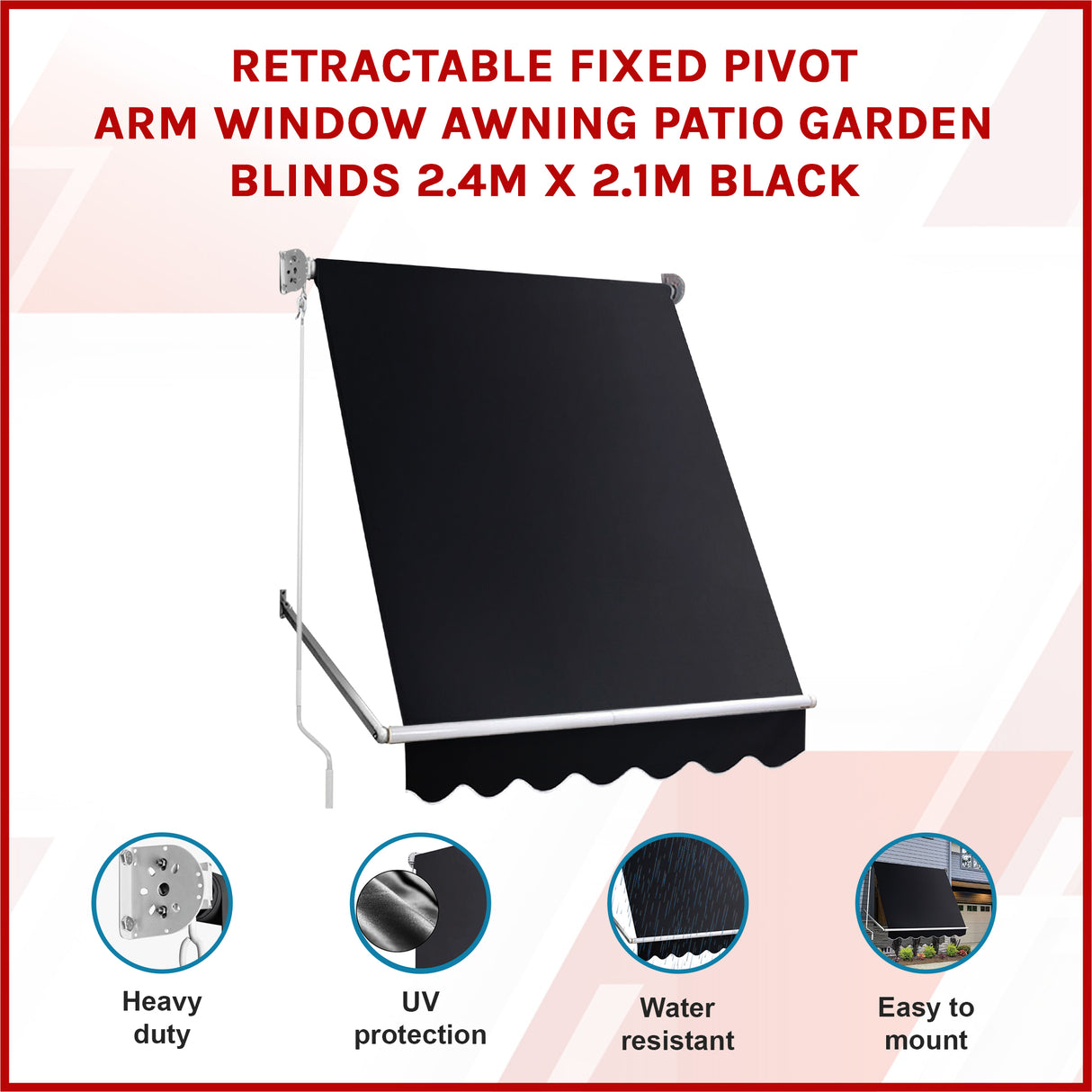 Retractable Fixed Pivot Arm Window Awning Patio Garden Blinds 2.4m x 2.1m Black