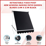 Retractable Fixed Pivot Arm Window Awning Patio Garden Blinds 2.4m x 2.1m Black