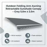 Outdoor Folding Arm Awning Retractable Sunshade Canopy Grey 5.0m x 2.5m