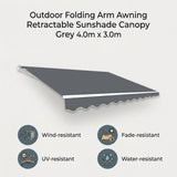 Outdoor Folding Arm Awning Retractable Sunshade Canopy Grey 4.0m x 3.0m - Side View