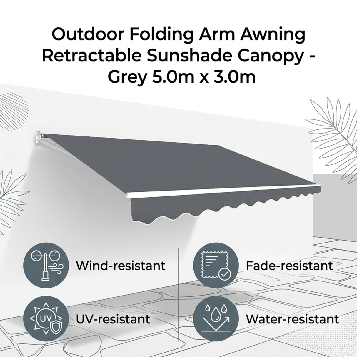 Outdoor Folding Arm Awning Retractable Sunshade Canopy Grey 5.0m x 3.0m