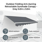 Outdoor Folding Arm Awning Retractable Sunshade Canopy Grey 5.0m x 3.0m