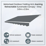 Motorised Outdoor Folding Arm Awning Retractable Sunshade Canopy Grey 3.0m x 2.5m - Side View