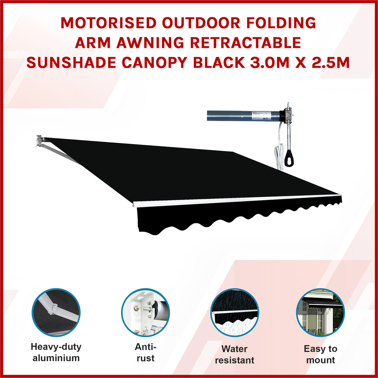 Motorised Outdoor Folding Arm Awning Retractable Sunshade Canopy Black 3.0m x 2.5m
