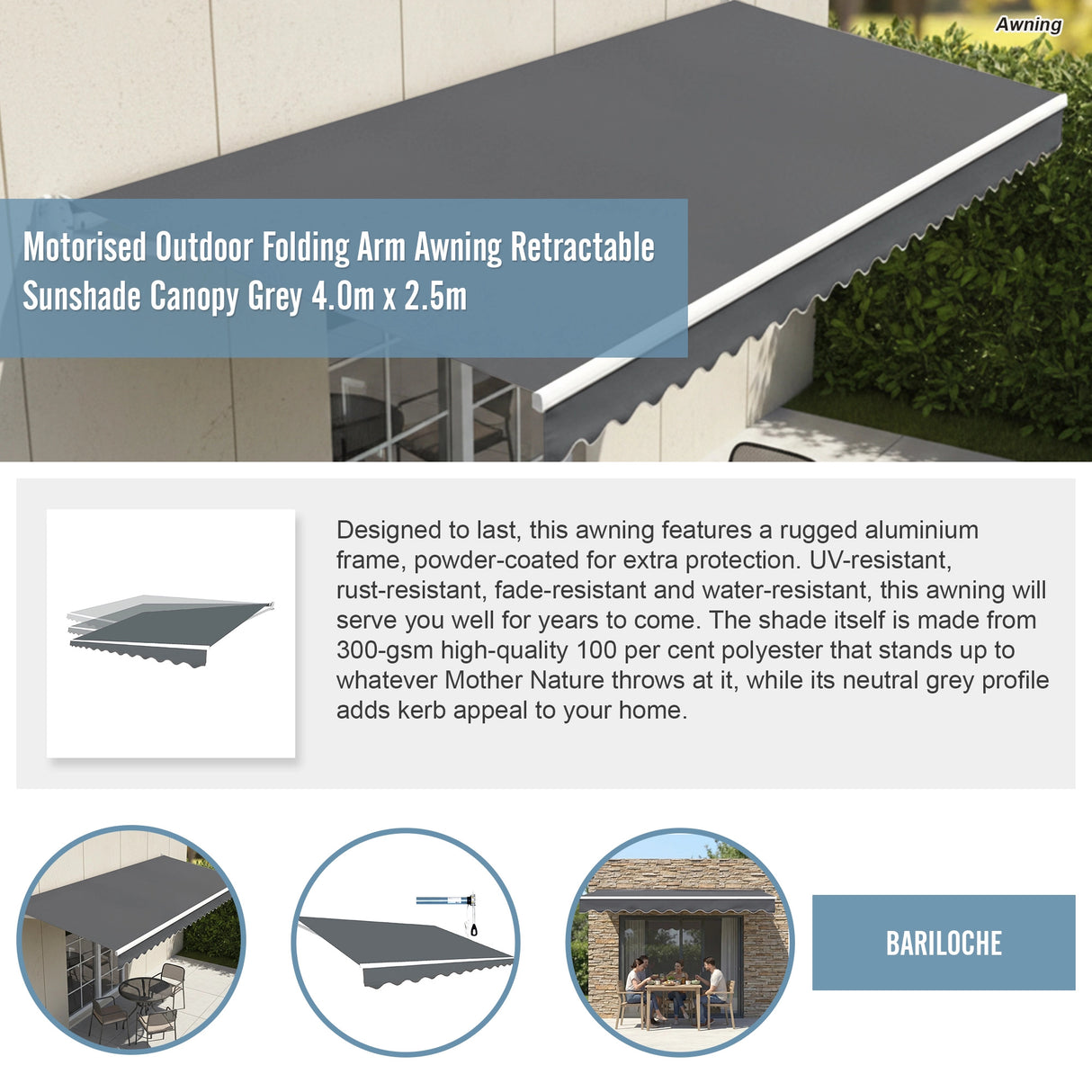 Motorised Outdoor Folding Arm Awning Retractable Sunshade Canopy Grey 4.0m x 2.5m