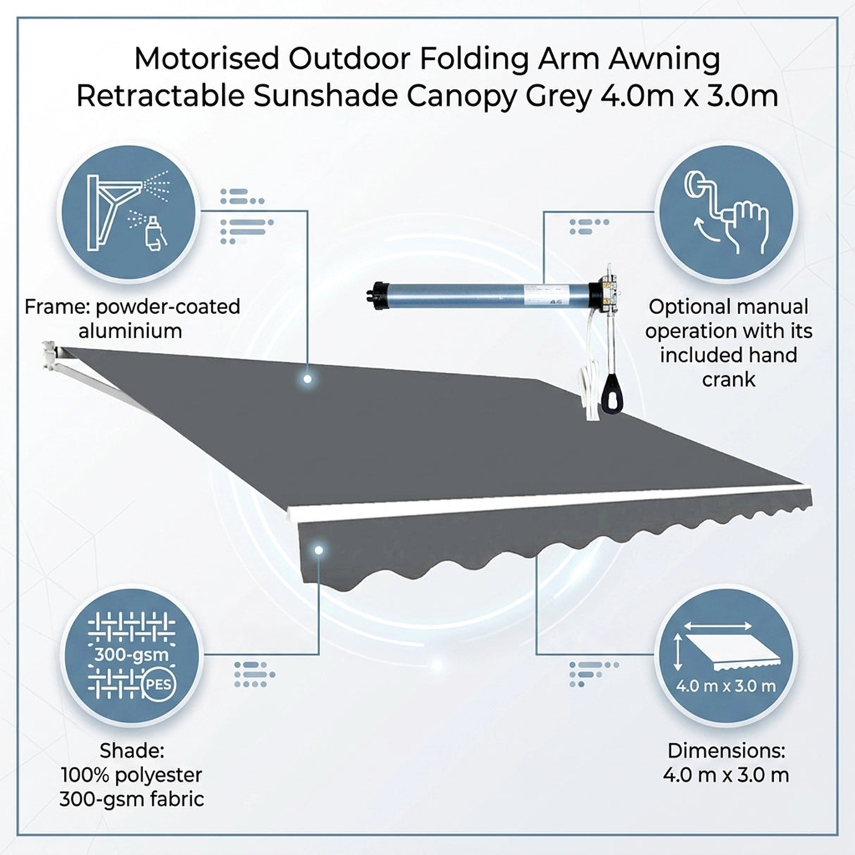 Motorised Outdoor Folding Arm Awning Retractable Sunshade Canopy Grey 4.0m x 3.0m