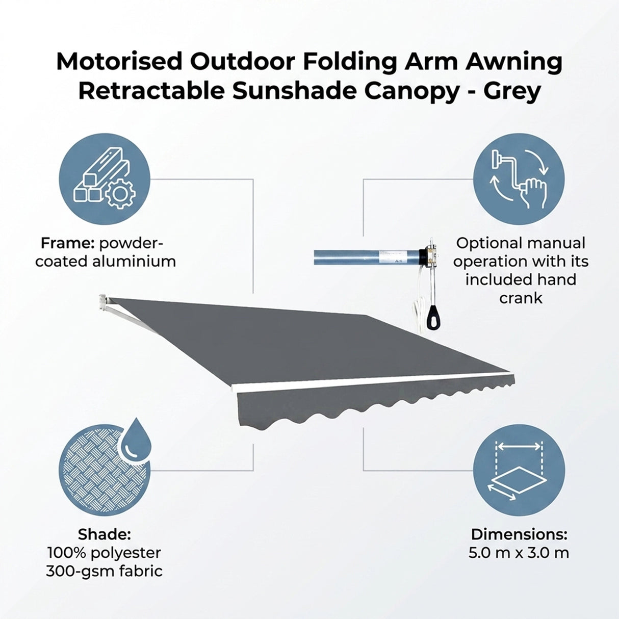 Motorised Outdoor Folding Arm Awning Retractable Sunshade Canopy Grey 5.0m x 3.0m