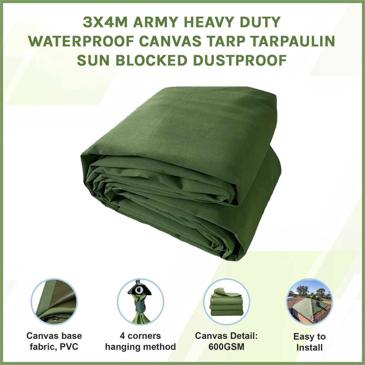 3x4M Army Heavy Duty Waterproof Canvas Tarp Tarpaulin Sun Blocked Dustproof