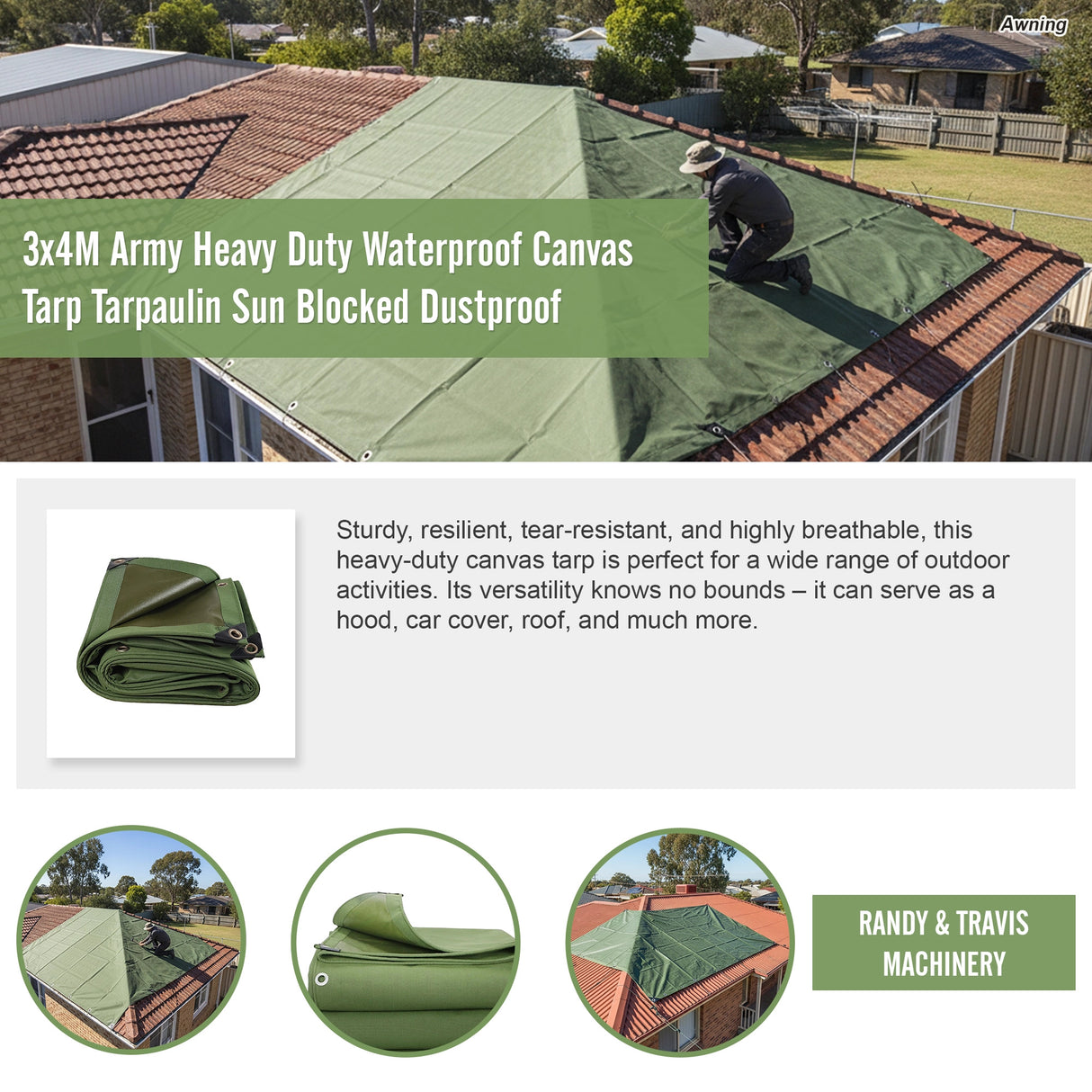 3x4M Army Heavy Duty Waterproof Canvas Tarp Tarpaulin Sun Blocked Dustproof