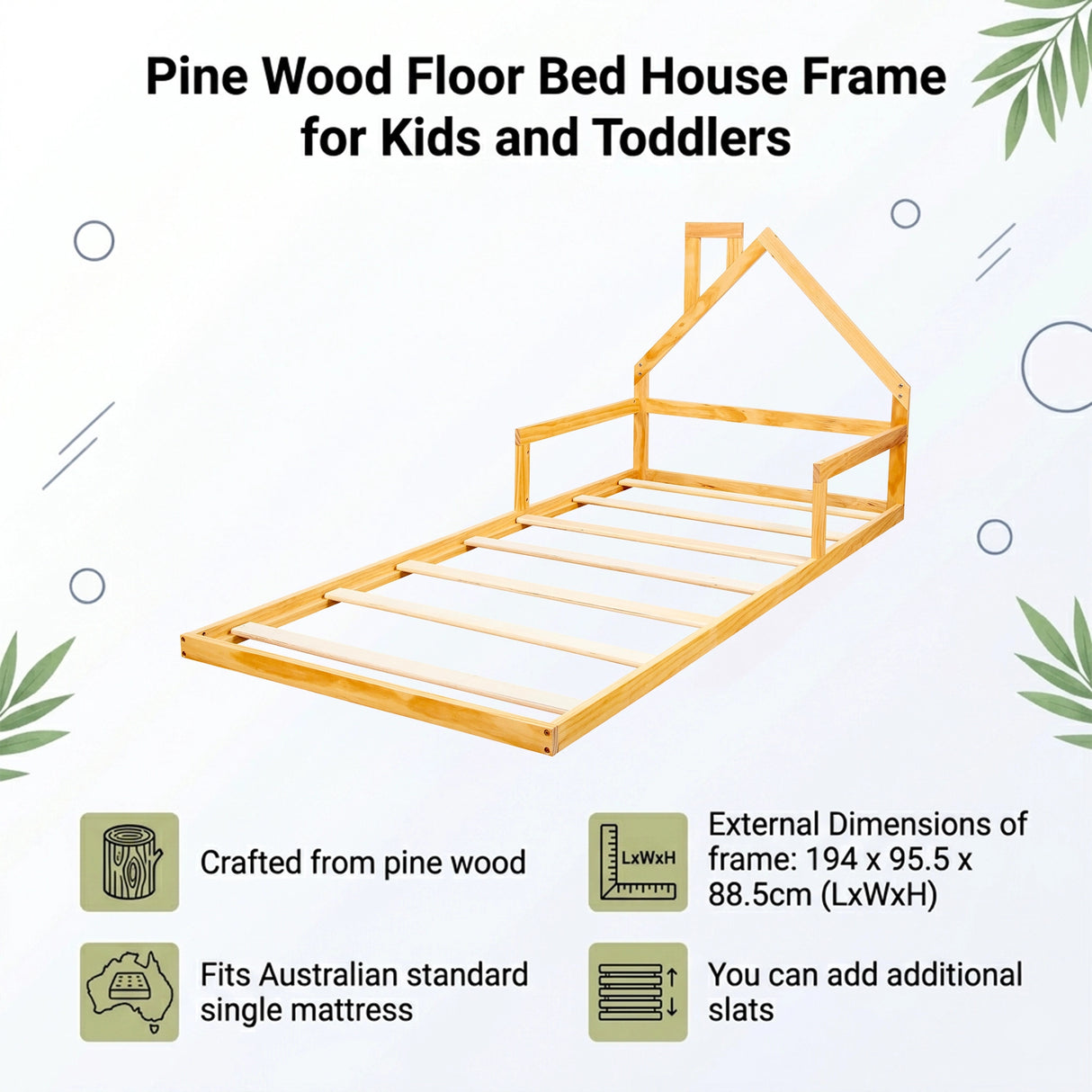 Pine Wood Floor Bed House Frame for Kids and Toddlers