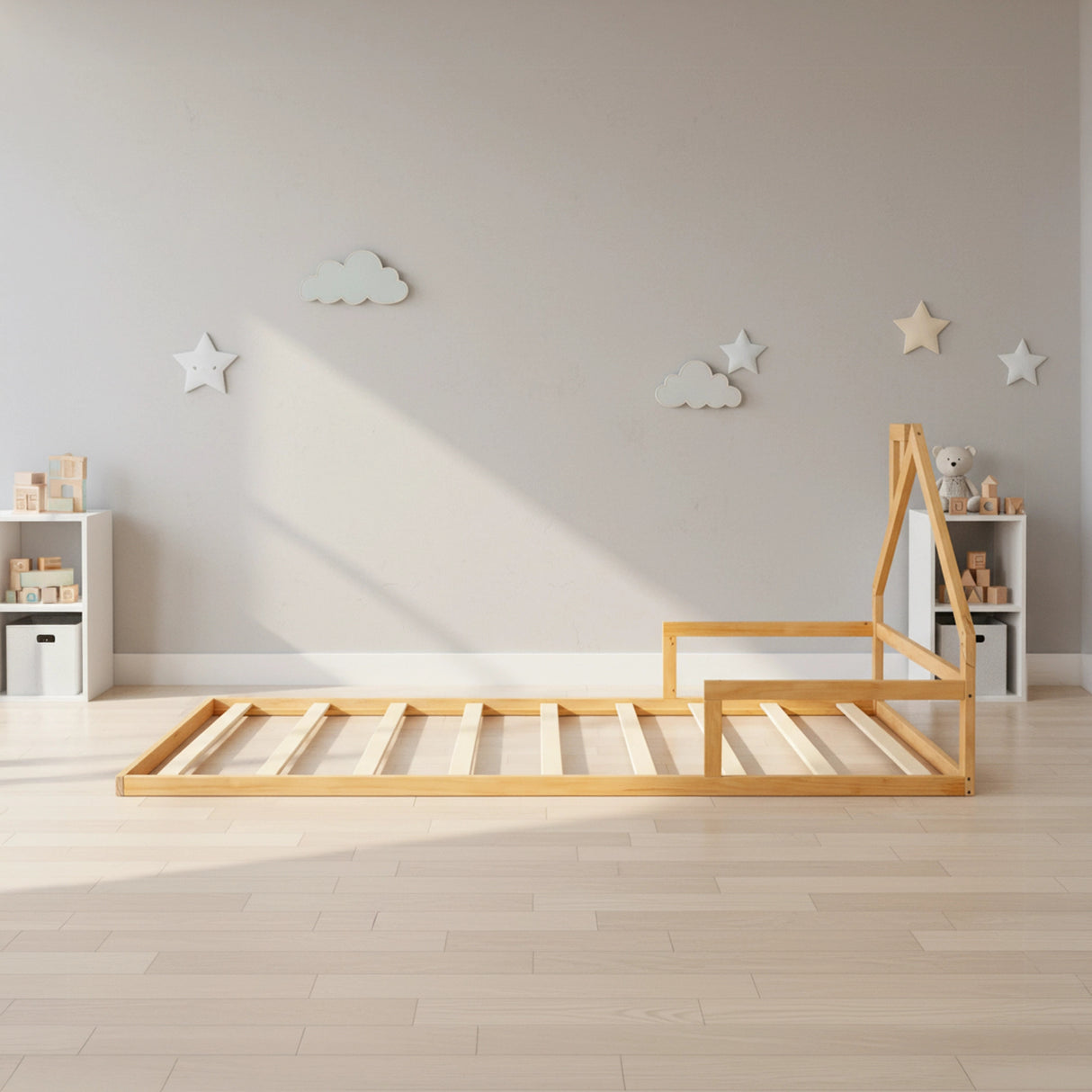 Pine Wood Floor Bed House Frame for Kids and Toddlers