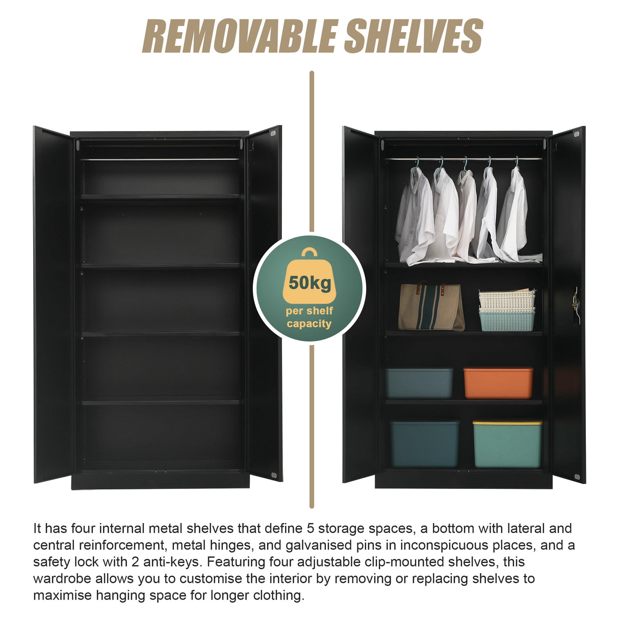 Two-Door Metal Cabinet Shelf Storage for Home Office Gym
