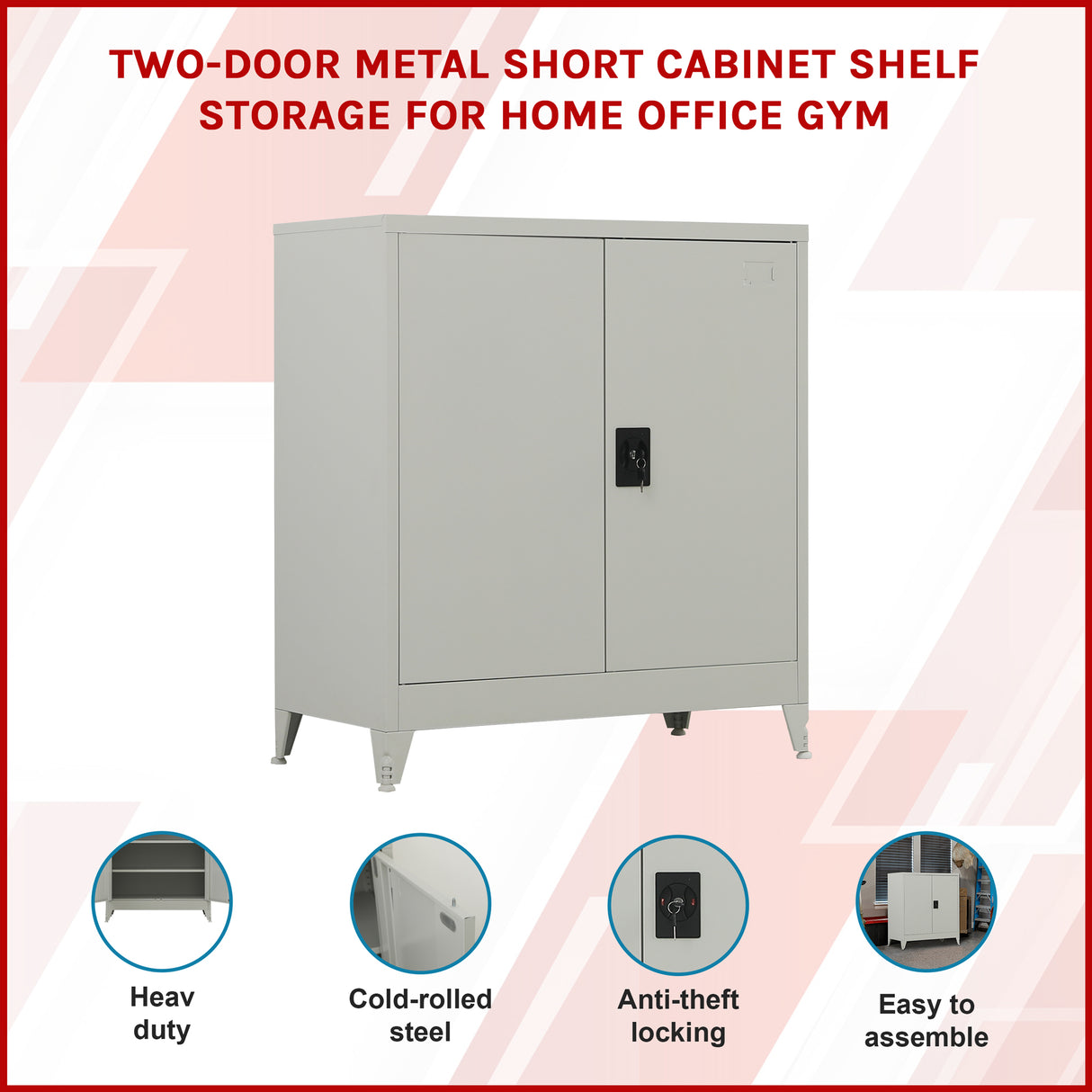 Two-Door Metal Short Cabinet Shelf Storage for Home Office Gym