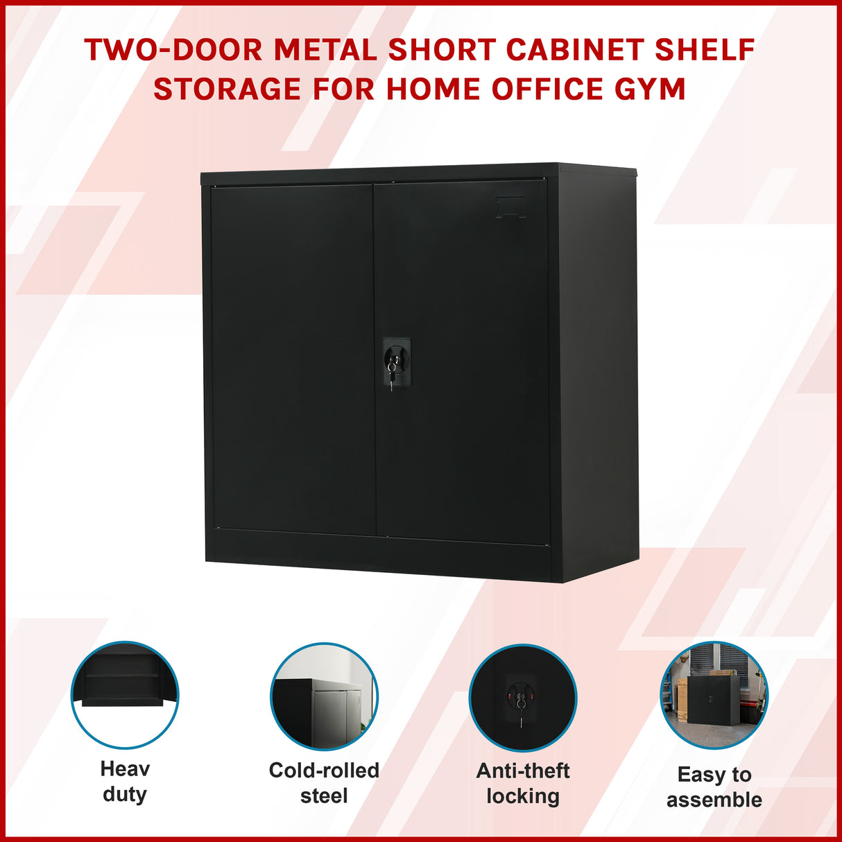 Two-Door Metal Short Cabinet Shelf Storage for Home Office Gym