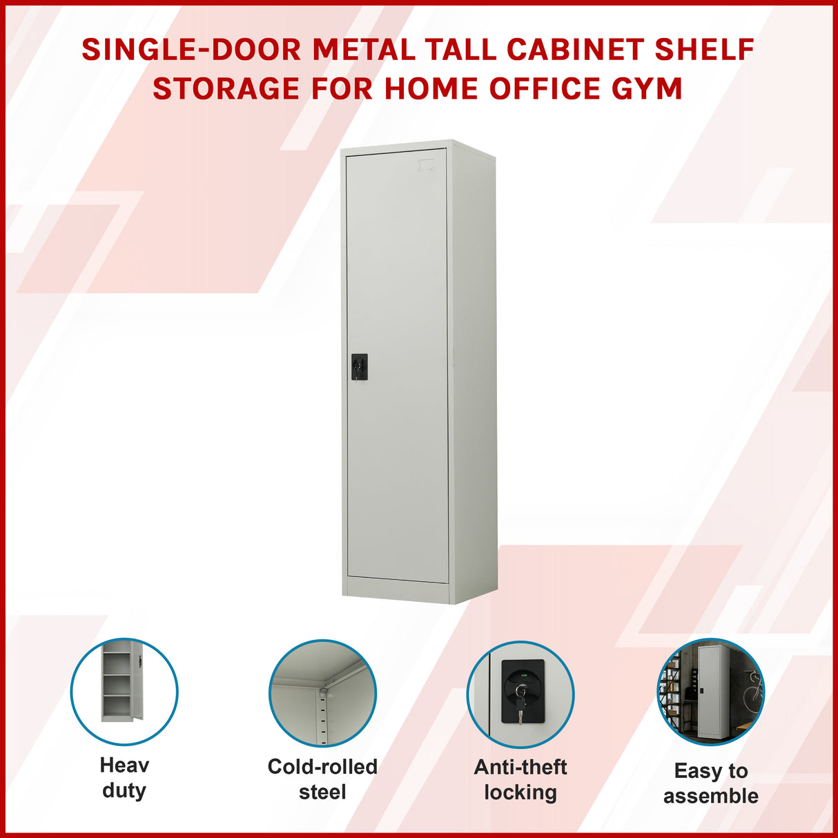 Single-Door Metal Tall Cabinet Shelf Storage for Home Office Gym