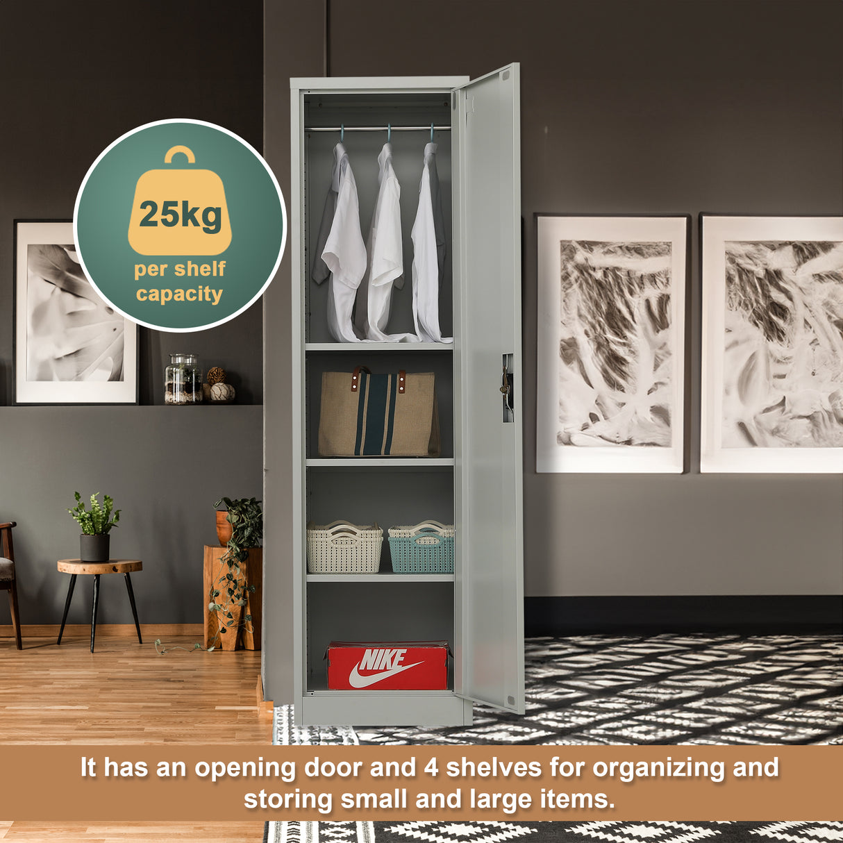 Single-Door Metal Tall Cabinet Shelf Storage for Home Office Gym