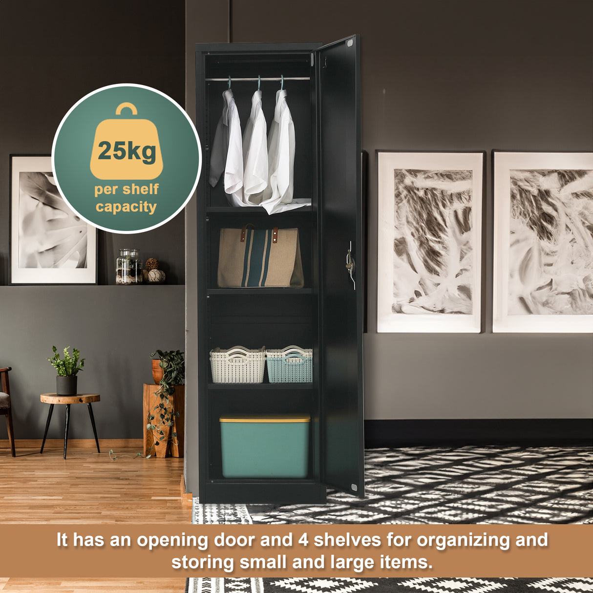 Single-Door Metal Tall Cabinet Shelf Storage for Home Office Gym