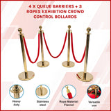 4 x Queue Barriers + 3 Ropes Exhibition Crowd Control Bollards - Rear View
