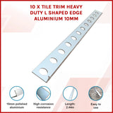 10 x Tile Trim Heavy Duty L Shaped Edge Aluminium 10mm - 45-Degree Angle